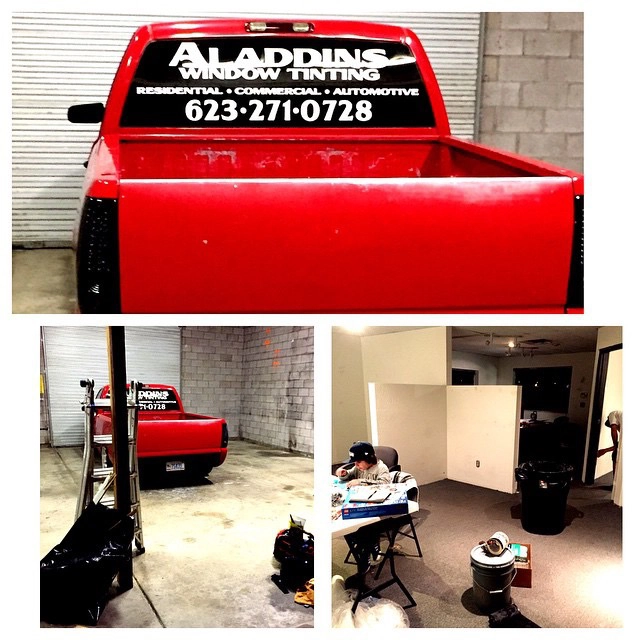 Three-photo collage showing Aladdins Window Tinting’s branded red pickup, shop installation bay, and office interior.