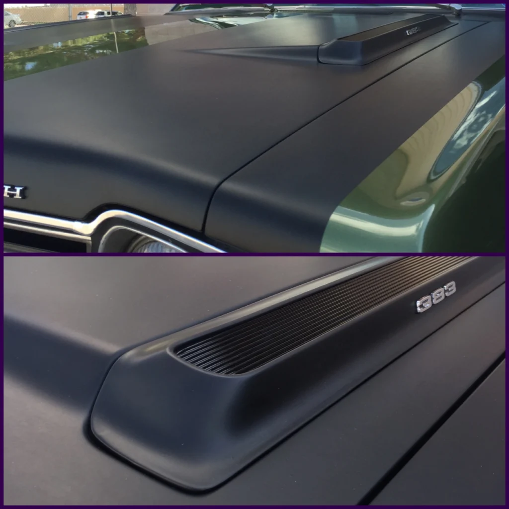 Two close-up views of a green classic car’s matte black hood wrap and hood scoop with a 383 badge.